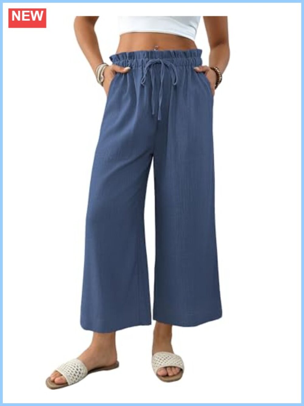 Linen Blend Cropped Wide Leg Palazzo Pants Drawstring High Rise
